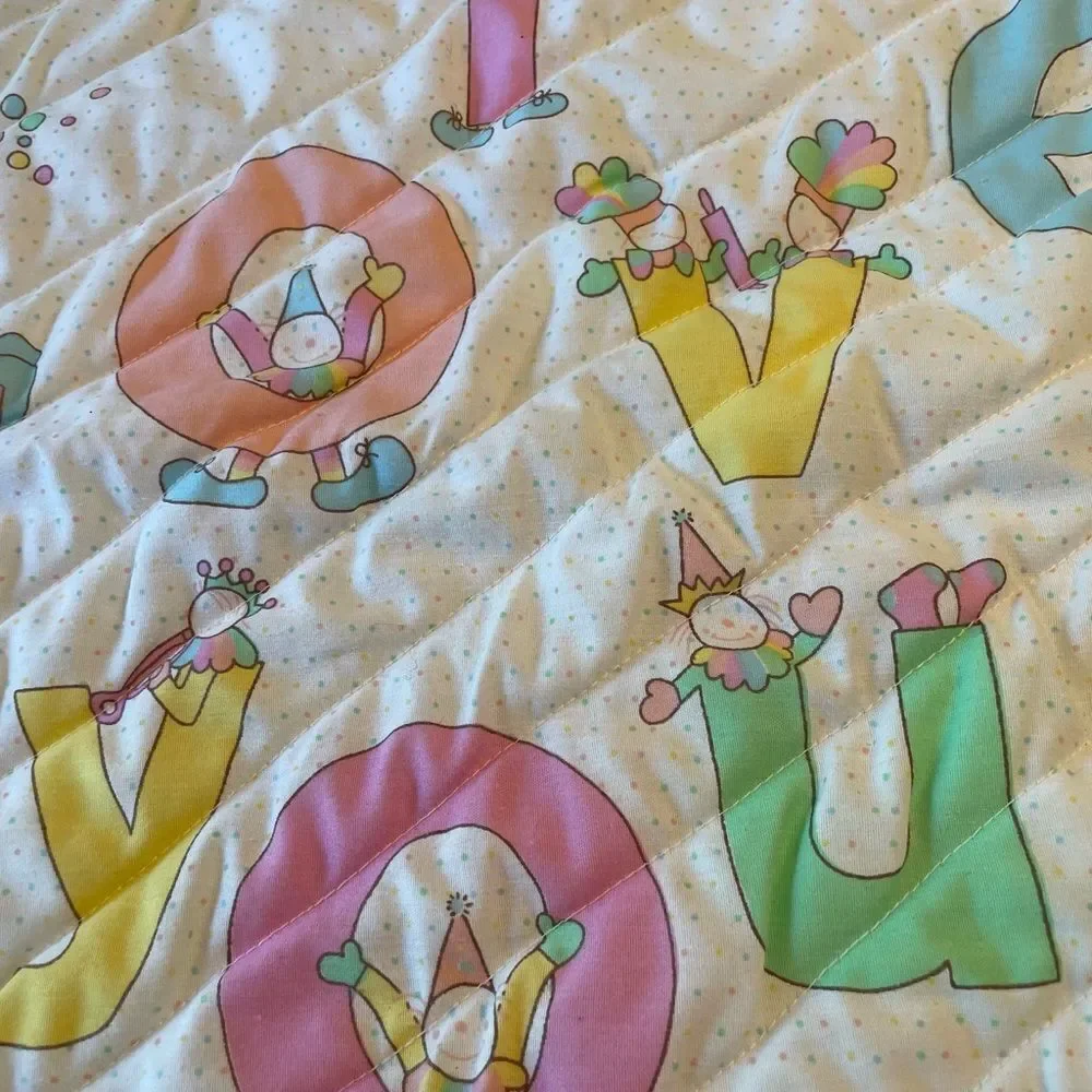 Vintage Quilted I Love You Clown Baby Blanket 39x30